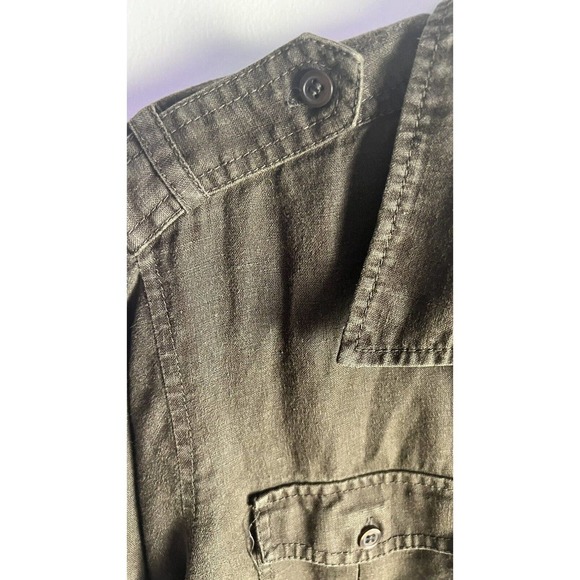 Liz Claiborne Linen Button Up Brown Sz L Top Roll Tab Sleeves - Picture 10 of 11
